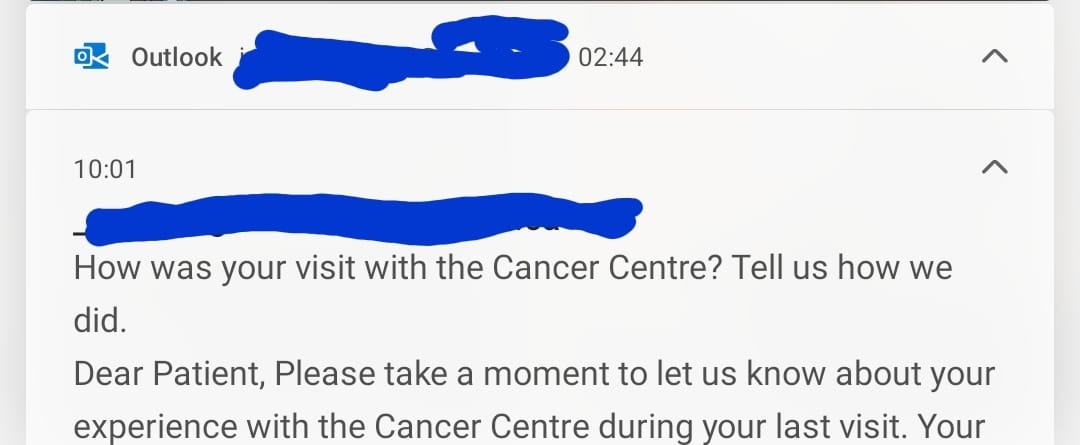 A screenshot of an email, asking the reciever to give custmer feedback for their recent trip to the cancer centre